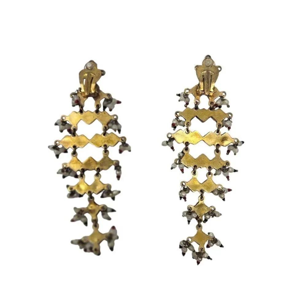 Vintage Mogul Multicolored Cabochon Faux Pearl Seed Bead Clip-On Earrings | Hand